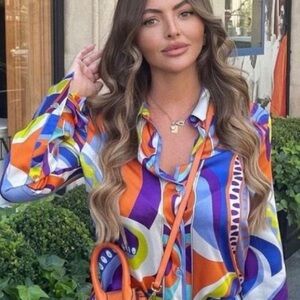 NWT Zara button down shirt multiple color print on satin, size S